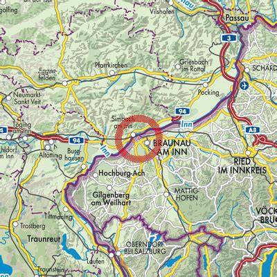 Mapa Braunau am Inn a okolia s miestami spomínanými v texte