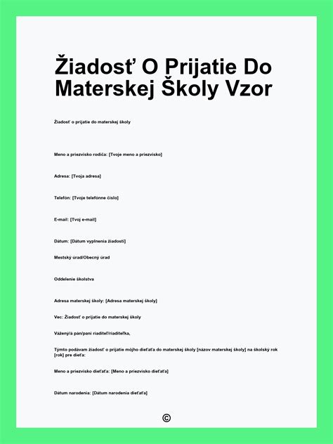 Ukážka tlačiva žiadosti o prijatie do materskej školy