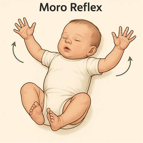 Infografika znázorňujúca Moro reflex: čo dieťa robí pri poplachu a ako sa reflex vyvíja v čase