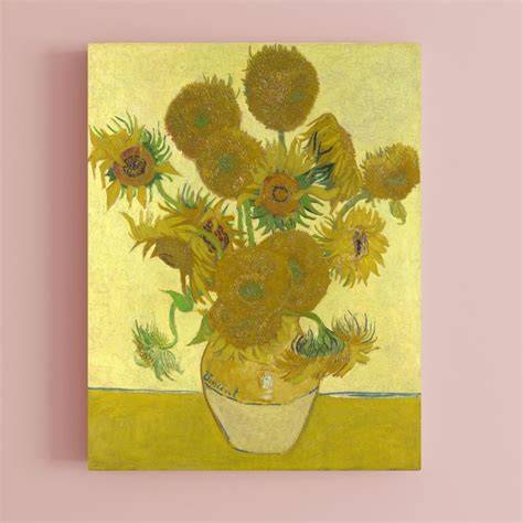Vincent van Gogh - symbolické dielo Slnečnice; zobrazuje jasné farby a výrazné ťahy štetca
