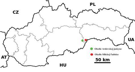 Mapa Slovenska s vyznačením Žiaru nad Hronom a Banskej Bystrice