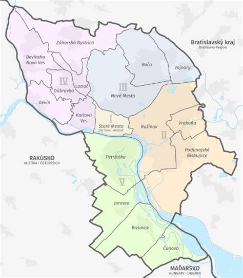 Mapa Bratislavy znázorňujúca rozloženie mestských častí a ich príspevkov pri narodení dieťaťa