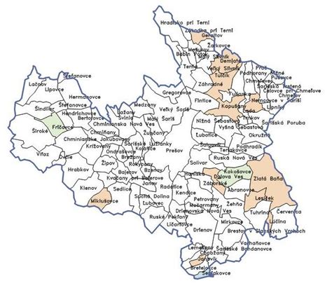 Mapa okresu Prešov s vyznačenými obcami