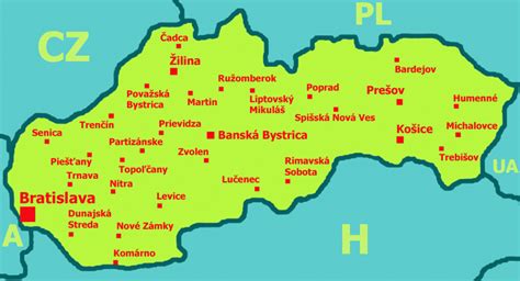 Mapa historického územia Slovenska s vyznačenými mestami jeho pôsobenia
