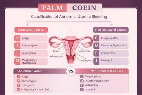 Infografika znázorňujúca PALM-COEIN klasifikáciu abnormálneho maternicového krvácania