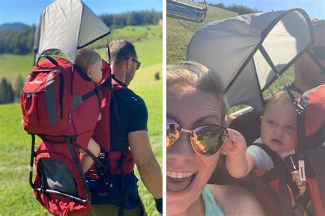 Ilustrácia rodiny s dieťaťom v turistickom nosiči