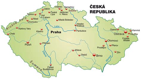 Mapa Českej republiky s vyznačenými mestami Třebíč a Dolný Kubín