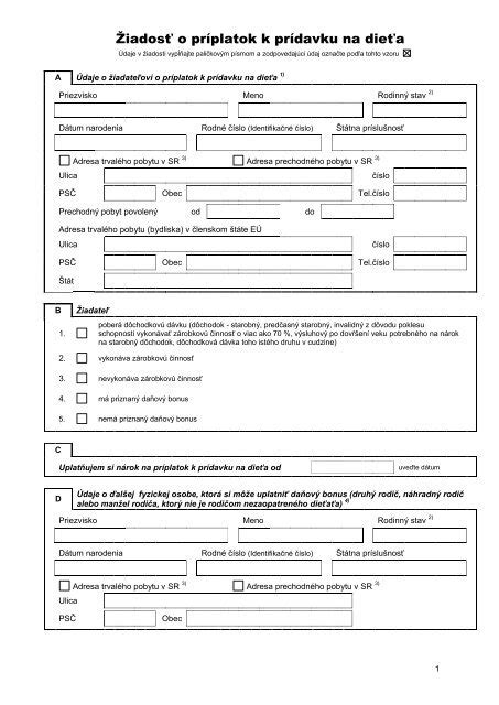 Formulár žiadosti o prídavok na dieťa