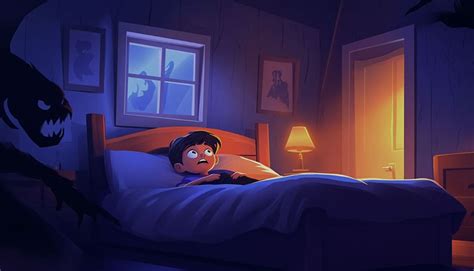 Ilustrácia dieťaťa bojaceho sa tmy v posteli