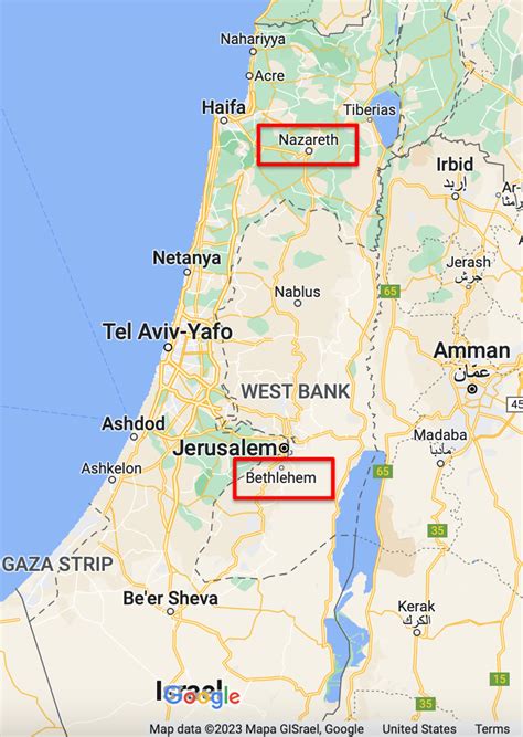 Mapa biblických miest: Nazaret, Betlehem, Jeruzalem, Egypt