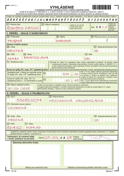 Vzor vyplneného tlačiva o vyhlásení o bydlisku