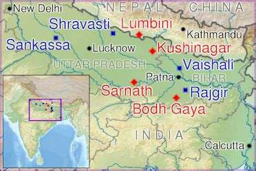 Mapa Indie s vyznačením Lumbini a Bodh Gaya