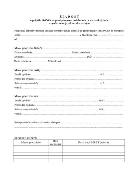 Tlačivo žiadosti o materské