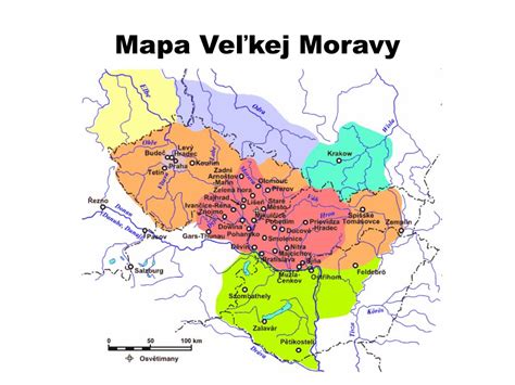 Mapa Veľkej Moravy s vyznačením Nitry a Devína