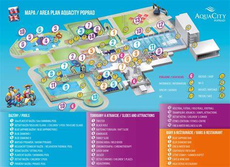 Mapa areálu AquaCity Poprad a rozloženie zoznamu bazénov