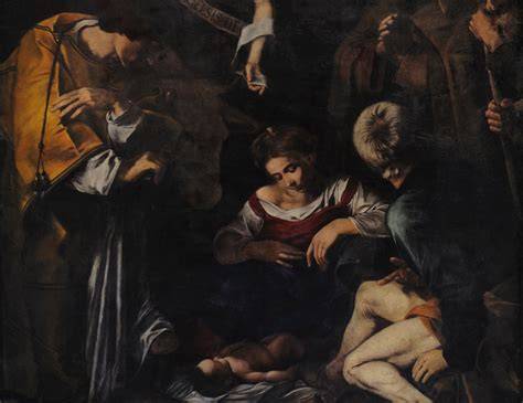 Caravaggio: Nativita s svätými Lorenzo a Františkom z Assisi, Palermo, Oratorio di San Lorenzo - rekonštrukcia položiek a kompozície.