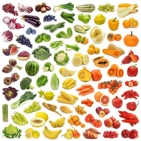 Koláž rôznych druhov ovocia a zeleniny.