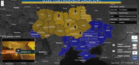 Mapa ukrajinského konfliktu a pozície rajónov kontrolovaných rôznymi stranami