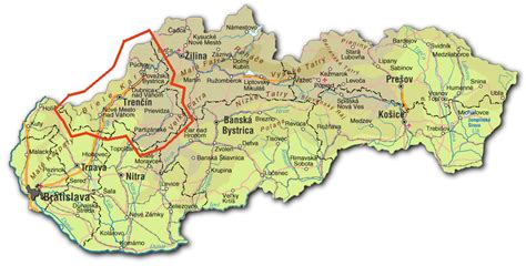 Slovenská mapa zobrazujúca Trenčiansky samosprávny kraj a jeho susedné regióny