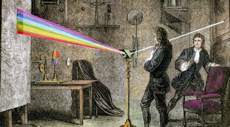 Ilustrácia Newtonovho pokusu s hranolom a svetlom