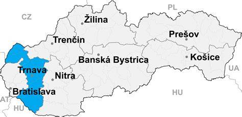 Mapa regiónu Trnavský kraj a poloha mesta Trnava