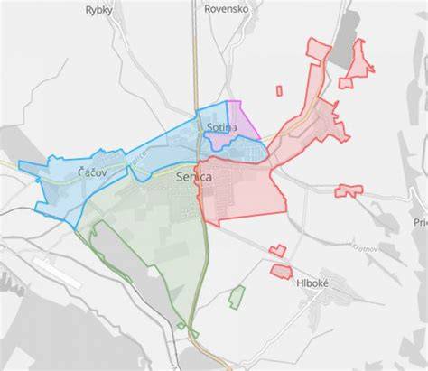 Mapa spádových základných škôl v meste Senec