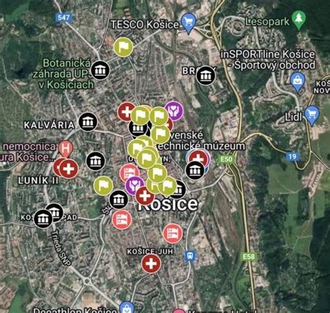 Mapa Košíc s vyznačenými lokalitami škôlok