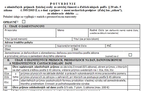Ukážka Potvrdenia o zdaniteľných príjmoch