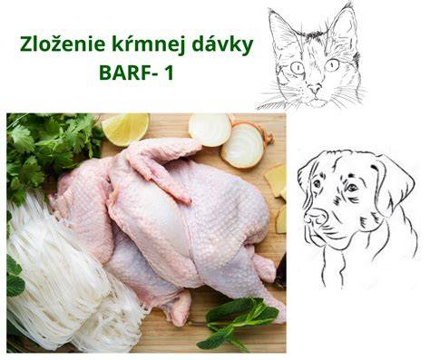 Infografika: Zloženie BARF dávky (mäso 50-60%, kosti 20-30%, prílohy 20-30%)