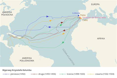 Mapa tras prvých plavieb Krištofa Kolumba, zobrazené regióny a hlavné zastávky